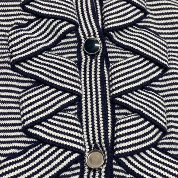 Talbots Ladies Button Front Ruffle Cardigan Medium Navy White Stripe 3/4 Sleeve - Picture 9 of 13